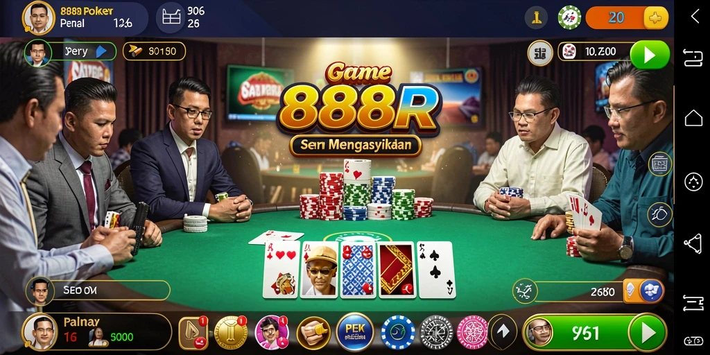 Screenshot gameplay seru dalam aplikasi 888R yang menampilkan permainan poker.