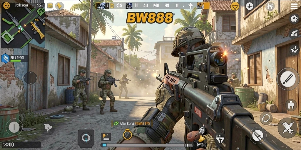 Tampilan aksi menegangkan dari gameplay BW888 FPS.