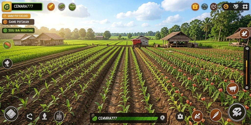 Screenshot gameplay CEMARA777 dengan ladang yang subur dan hewan ternak.