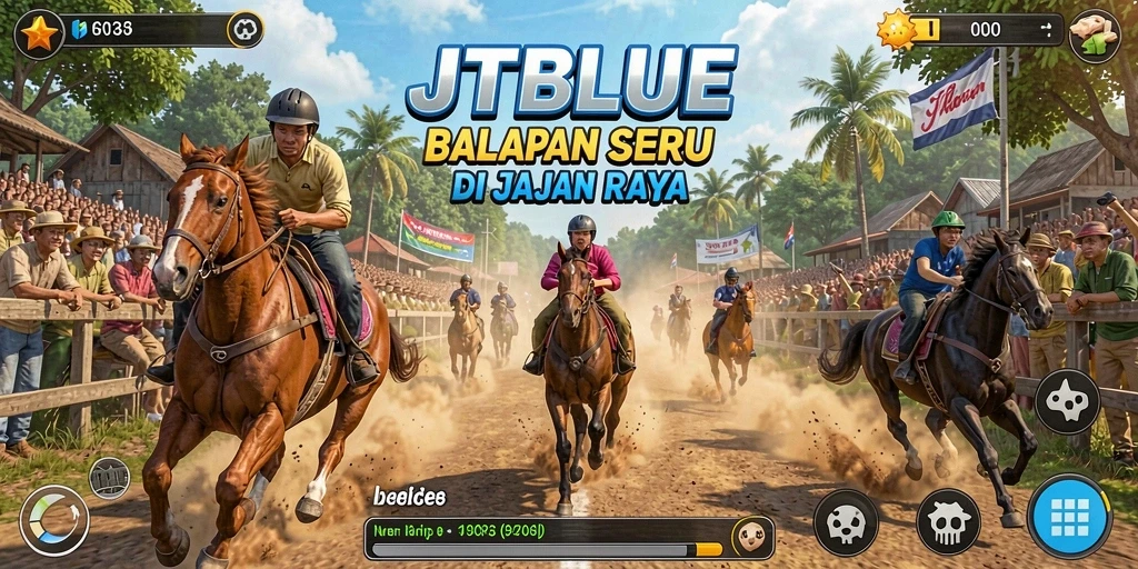 Screenshot gameplay JTBLUE yang menunjukkan aksi balapan yang seru.