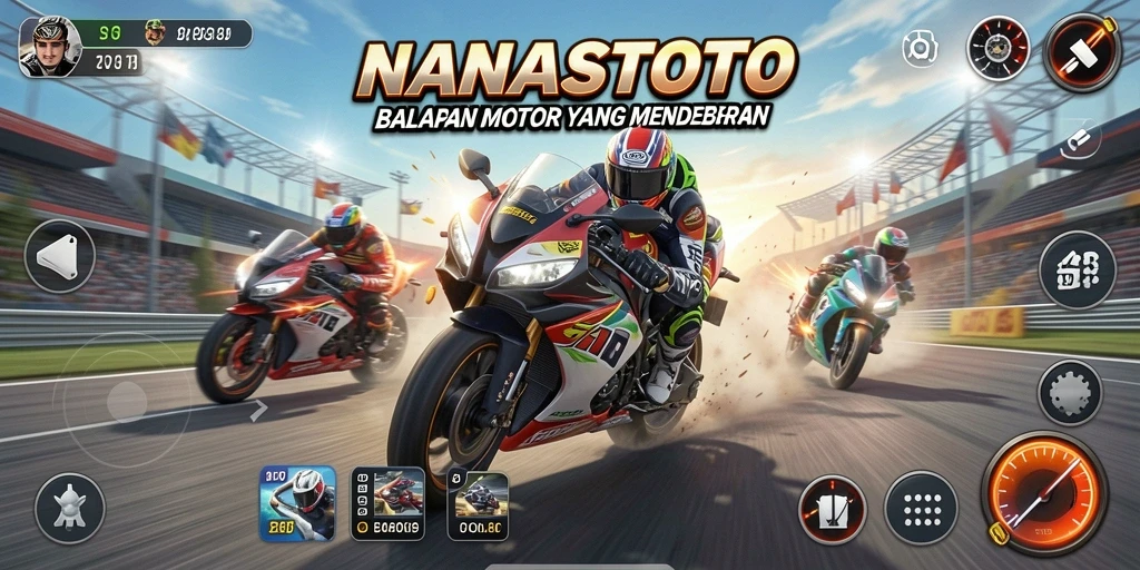 Screenshot gameplay NANASTOTO menampilkan balapan motor yang seru dan menegangkan.