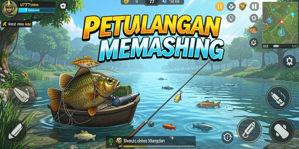 Screenshot gameplay UT77 menampilkan aksi memancing yang seru di lokasi menawan.